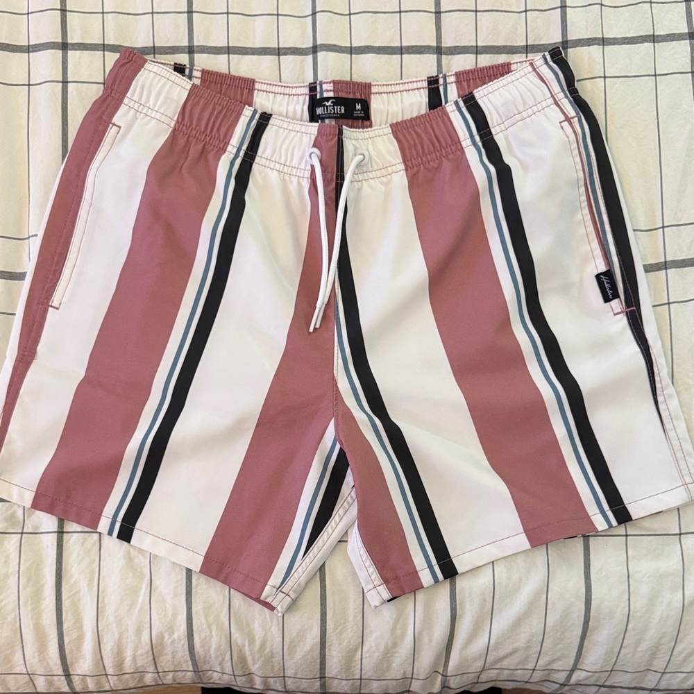 Hollister Men's Swim Trunks - Pink and White Stripes